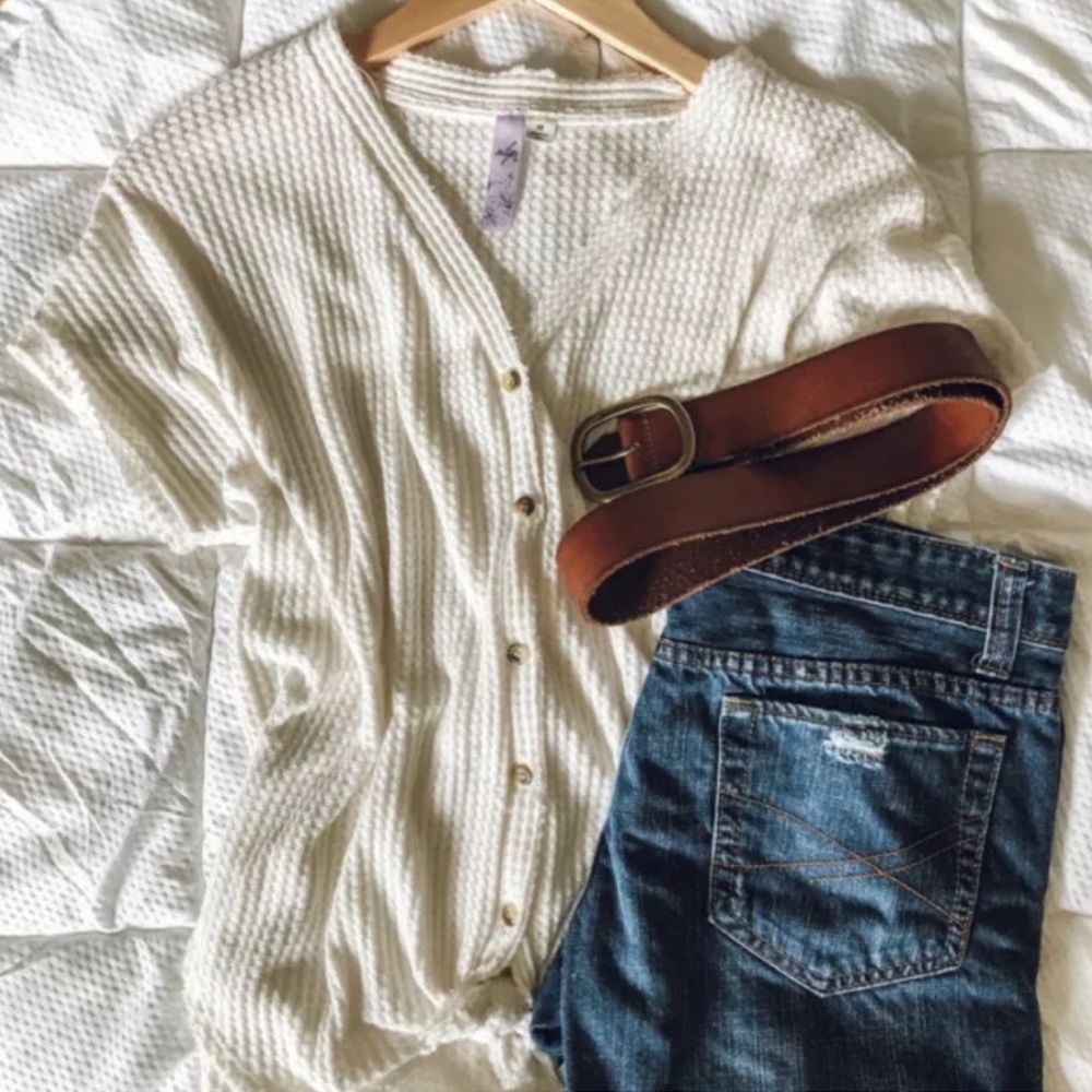 Alya Thermal Top Ivory Waffle Knit Top